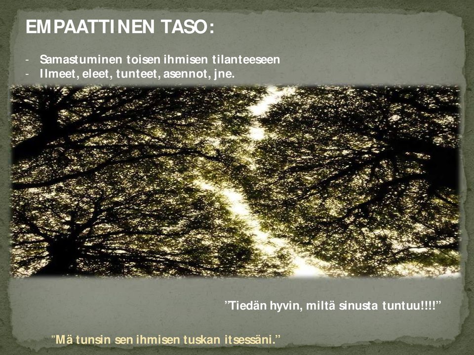 EMPAATTINEN TASO - kehollinen samastuminen toisen tilanteeseen: