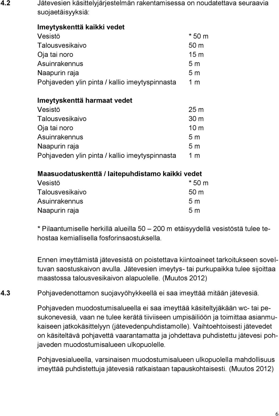 m 1 m 25 m 30 m 10 m 5 m 5 m 1 m Maasuodatuskenttä / laitepuhdistamo kaikki vedet Vesistö * 50 m Talousvesikaivo 50 m Asuinrakennus 5 m Naapurin raja 5 m * Pilaantumiselle herkillä alueilla 50 200 m