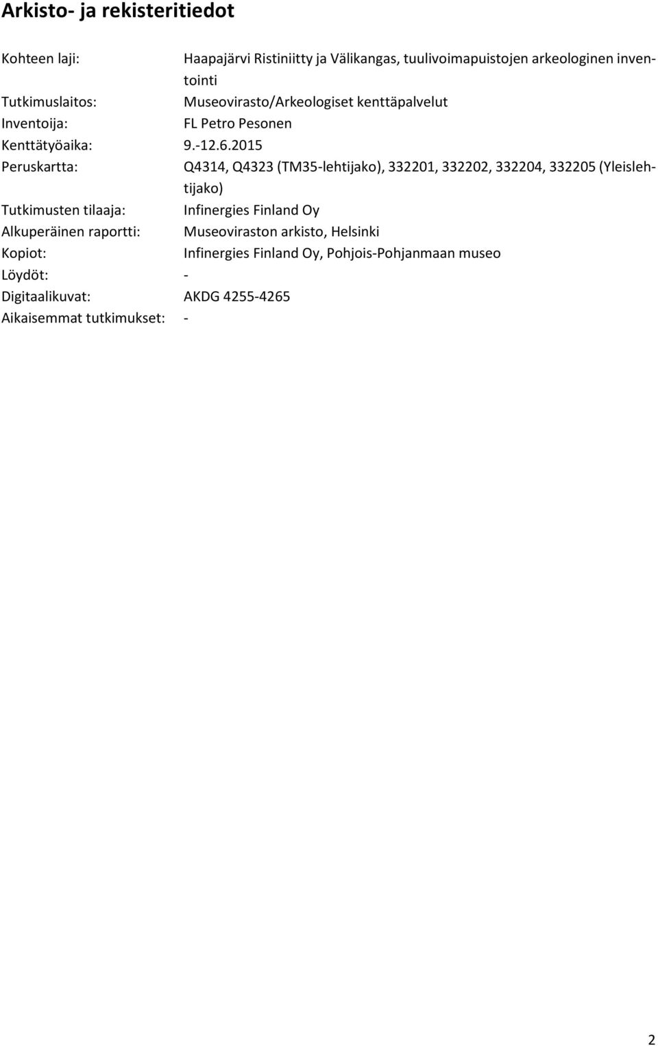 2015 Peruskartta: Q4314, Q4323 (TM35-lehtijako), 332201, 332202, 332204, 332205 (Yleislehtijako) Tutkimusten tilaaja: Infinergies Finland