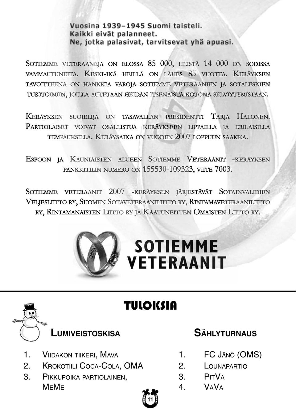 KERÄYKSEN SUOJELIJA ON TASAVALLAN PRESIDENTTI TARJA HALONEN. PARTIOLAISET VOIVAT OSALLISTUA KERÄYKSEEN LIPPAILLA JA ERILAISILLA TEMPAUKSILLA. KERÄYSAIKA ON VUODEN 2007 LOPPUUN SAAKKA.