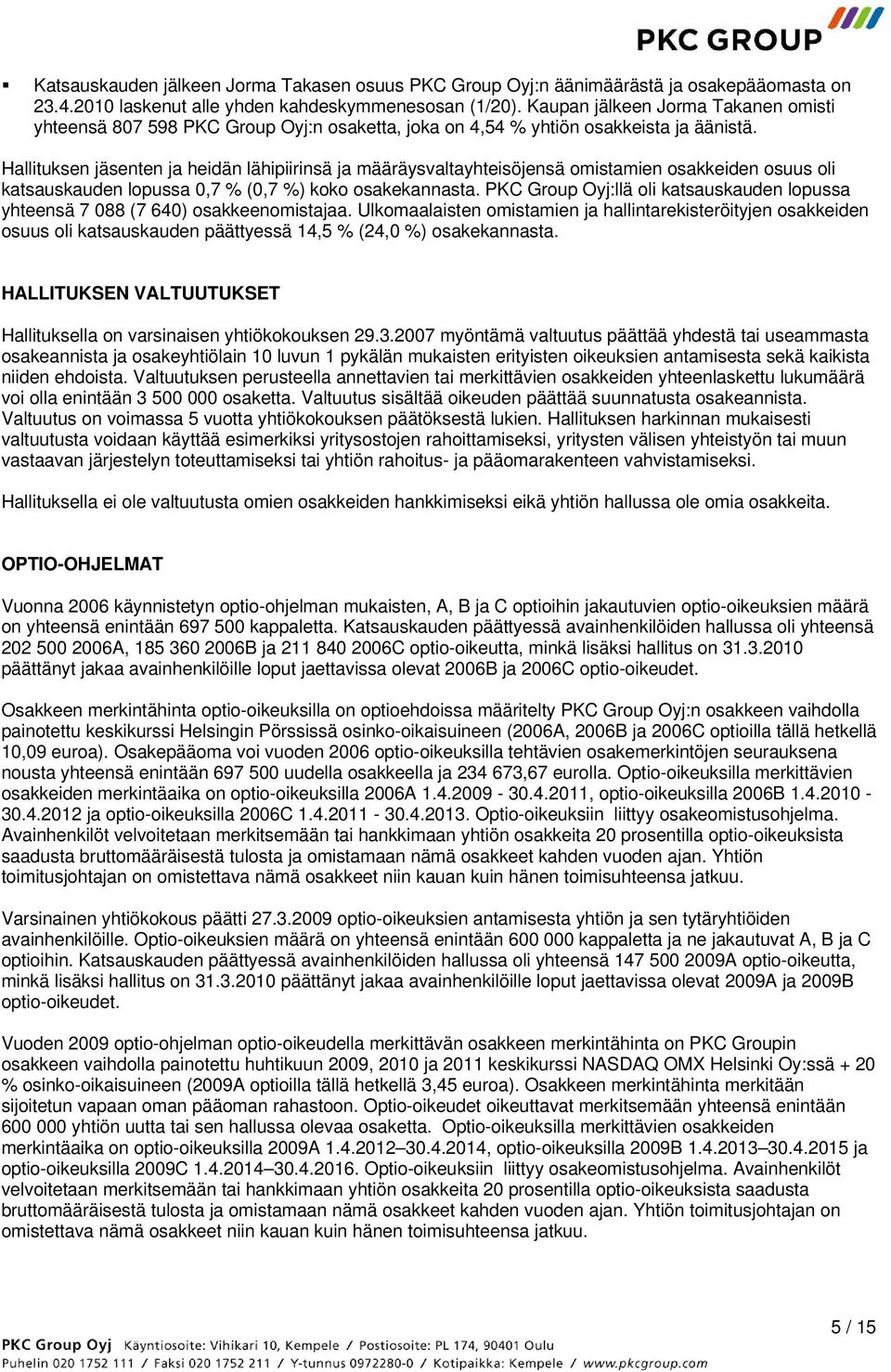 Hallituksen jäsenten ja heidän lähipiirinsä ja määräysvaltayhteisöjensä omistamien osakkeiden osuus oli katsauskauden lopussa 0,7 % (0,7 %) koko osakekannasta.