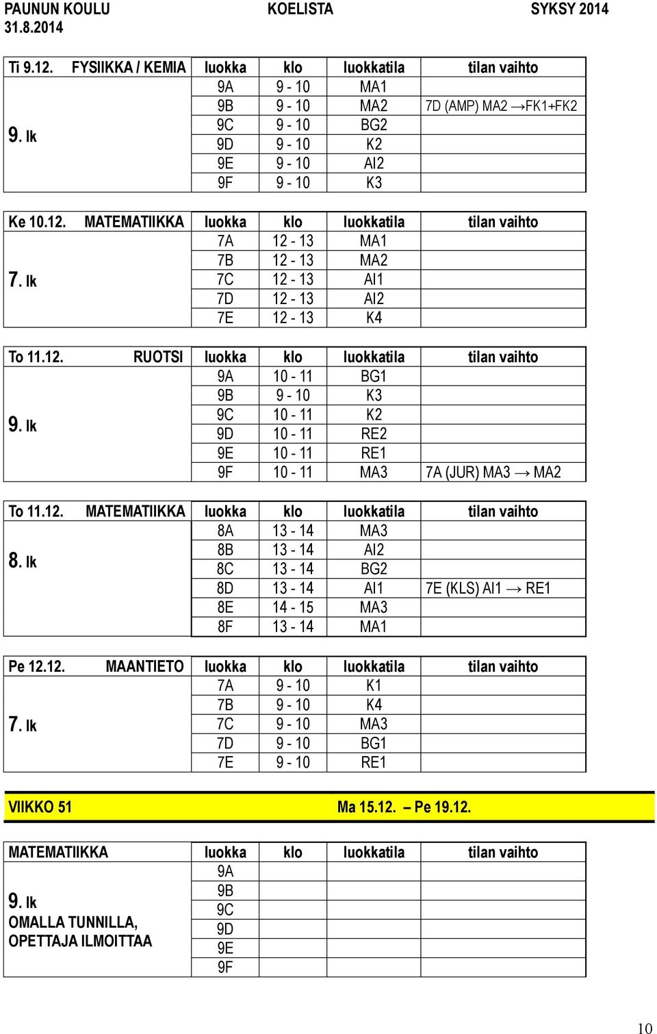 12. MAANTIETO luokka klo luokkatila tilan vaihto 7A 9-10 K1 7B 9-10 K4 7C 9-10 MA3 7D 9-10 BG1 7E 9-10 RE1 VIIKKO 51 Ma 15.12. Pe 19.12. MATEMATIIKKA luokka klo luokkatila tilan vaihto 9A 9B 9C OMALLA TUNNILLA, 9D OPETTAJA ILMOITTAA 9E 9F 10