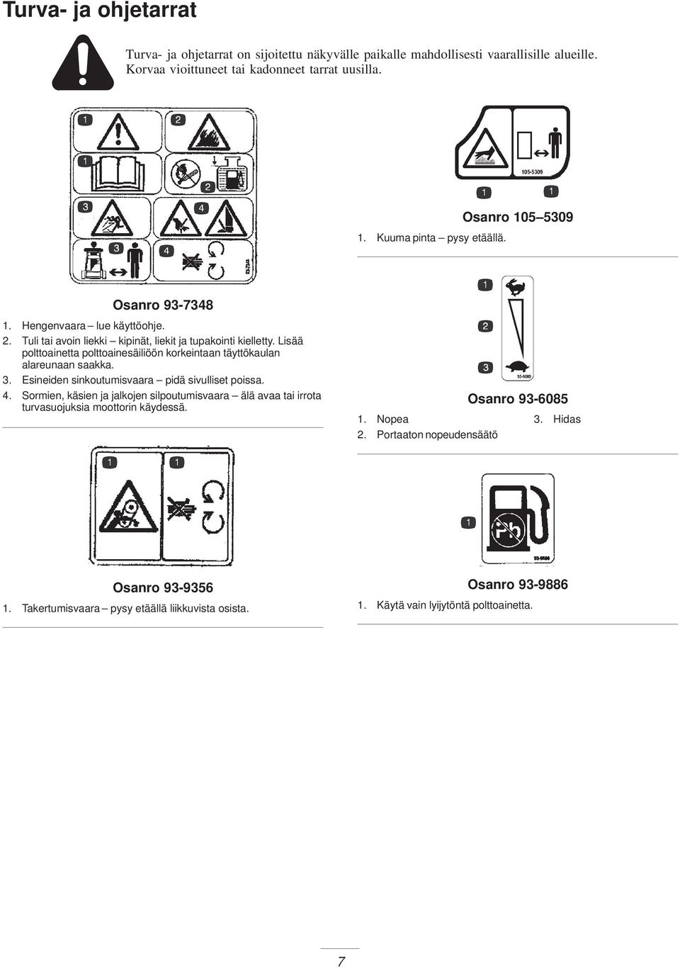 Lisää polttoainetta polttoainesäiliöön korkeintaan täyttökaulan alareunaan saakka. 3. Esineiden sinkoutumisvaara pidä sivulliset poissa. 4.