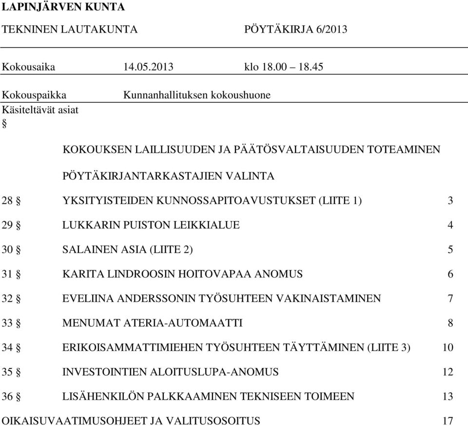 YKSITYISTEIDEN KUNNOSSAPITOAVUSTUKSET (LIITE 1) 3 29 LUKKARIN PUISTON LEIKKIALUE 4 30 SALAINEN ASIA (LIITE 2) 5 31 KARITA LINDROOSIN HOITOVAPAA ANOMUS 6 32 EVELIINA