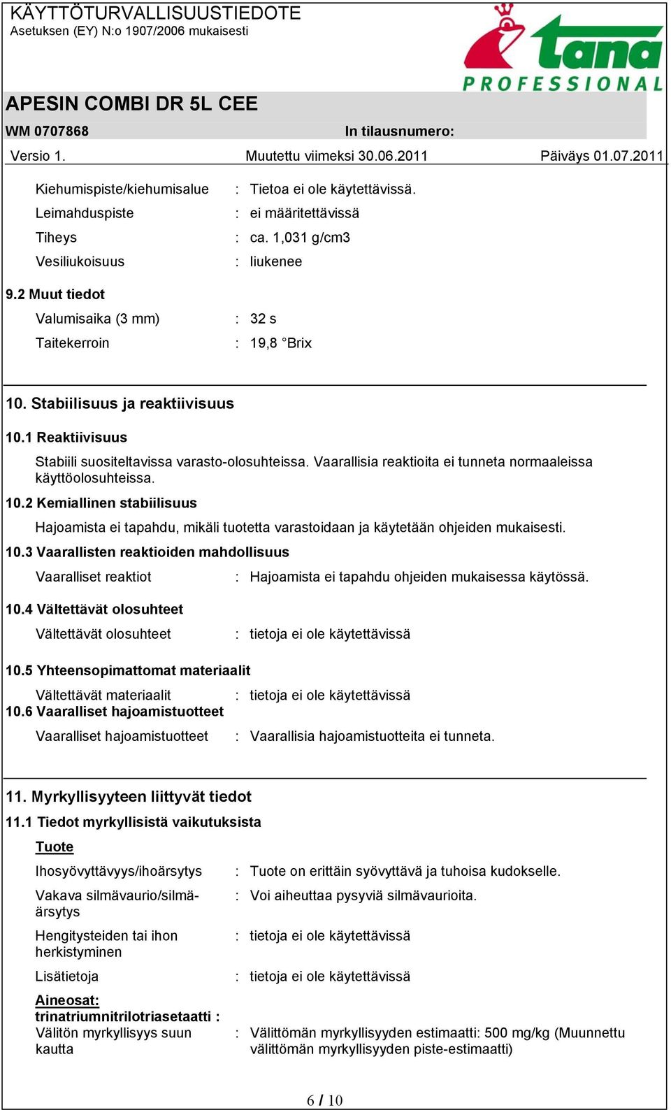 Vaarallisia reaktioita ei tunneta normaaleissa käyttöolosuhteissa. 10.2 Kemiallinen stabiilisuus Hajoamista ei tapahdu, mikäli tuotetta varastoidaan ja käytetään ohjeiden mukaisesti. 10.3 Vaarallisten reaktioiden mahdollisuus Vaaralliset reaktiot : Hajoamista ei tapahdu ohjeiden mukaisessa käytössä.