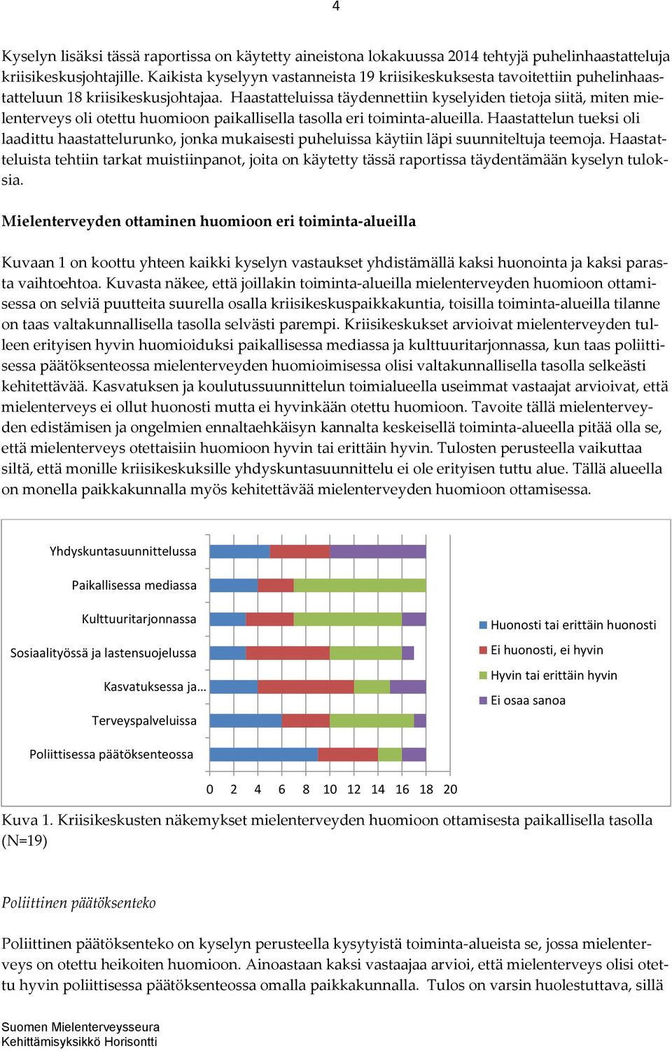 Haastatteluissa täydennettiin kyselyiden tietoja siitä, miten mielenterveys oli otettu huomioon paikallisella tasolla eri toiminta-alueilla.