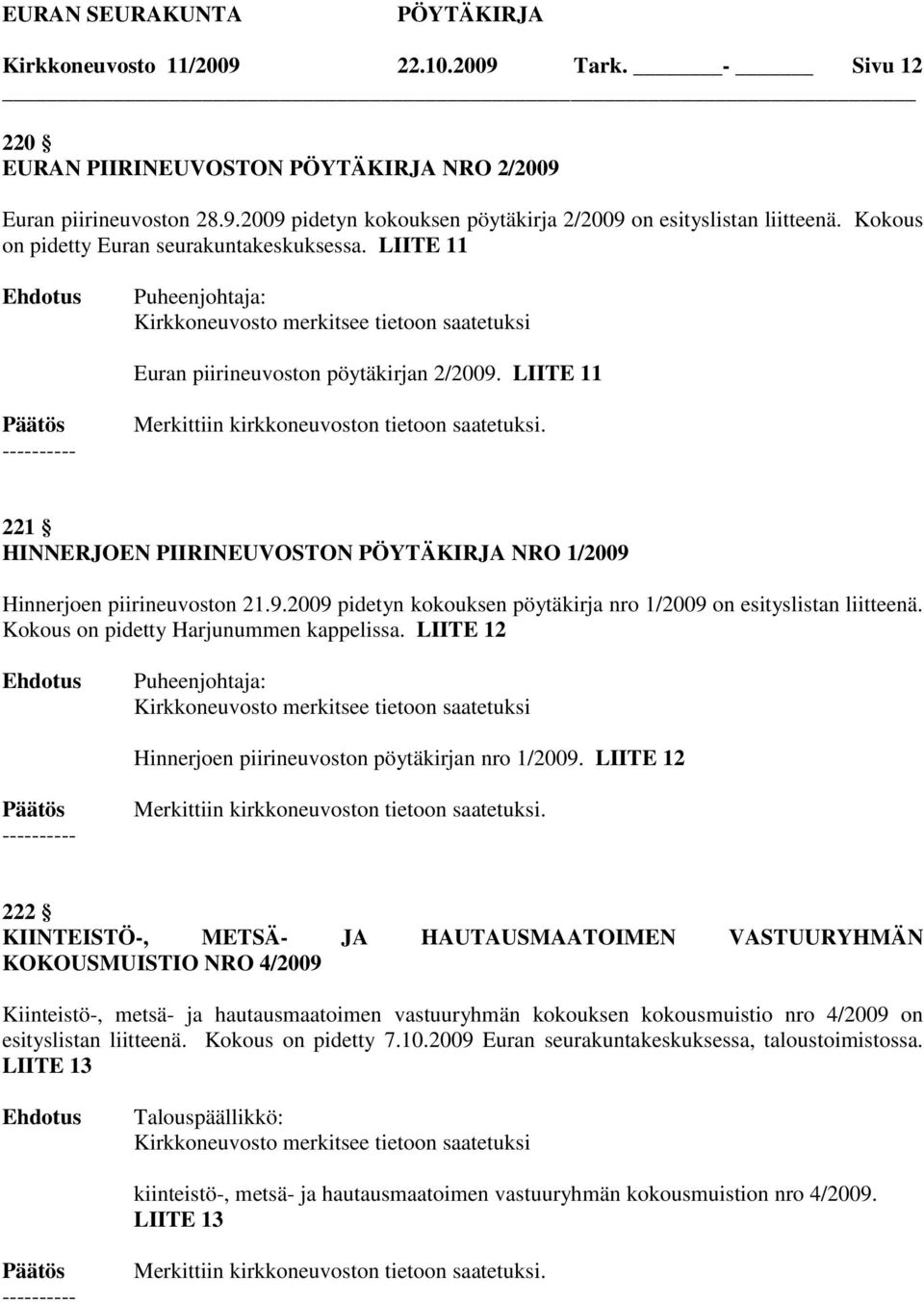 Kokous on pidetty Harjunummen kappelissa. LIITE 12 Hinnerjoen piirineuvoston pöytäkirjan nro 1/2009.