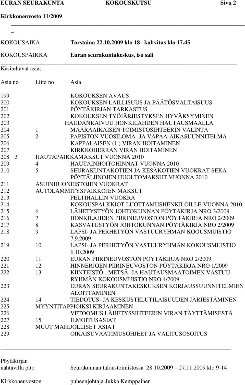 TYÖJÄRJESTYKSEN HYVÄKSYMINEN 203 HAUDANKAIVUU HONKILAHDEN HAUTAUSMAALLA 204 1 MÄÄRÄAIKAISEN TOIMISTOSIHTEERIN VALINTA 205 2 PAPISTON VUOSILOMA- JA VAPAA-AIKASUUNNITELMA 206 KAPPALAISEN (1.