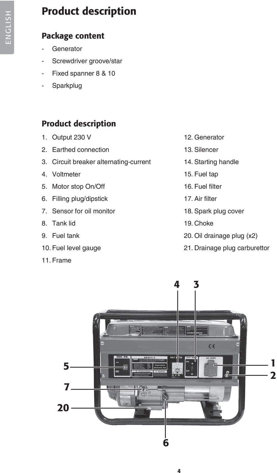 Sensor for oil monitor 8. Tank lid 9. Fuel tank 10. Fuel level gauge 11. Frame 12. Generator 13. Silencer 14. Starting handle 15.
