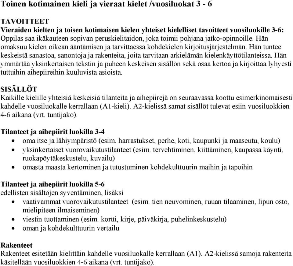 Hän tuntee keskeistä sanastoa, sanontoja ja rakenteita, joita tarvitaan arkielämän kielenkäyttötilanteissa.