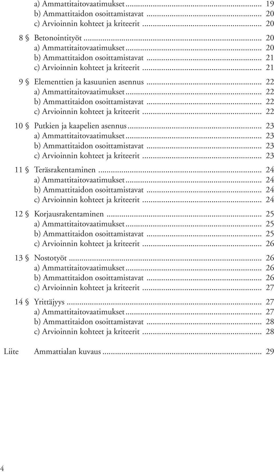 .. 23 b) Ammattitaidon osoittamistavat... 23 c) Arvioinnin kohteet ja kriteerit... 23 11 Teräsrakentaminen... 24... 24 b) Ammattitaidon osoittamistavat... 24 c) Arvioinnin kohteet ja kriteerit.