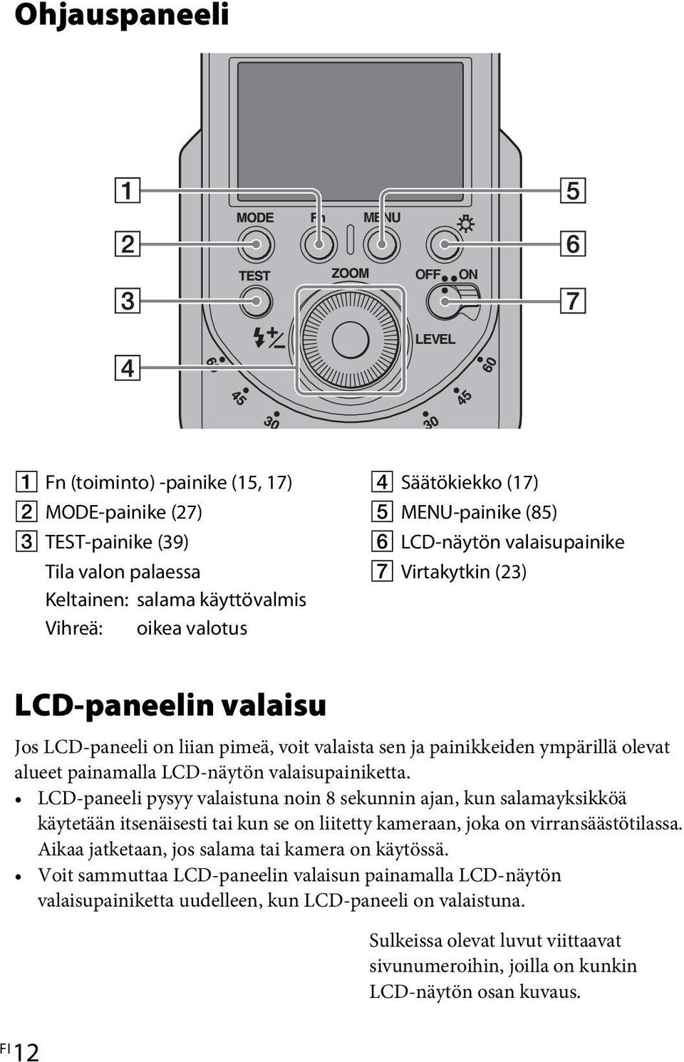 valaisupainiketta. LCD-paneeli pysyy valaistuna noin 8 sekunnin ajan, kun salamayksikköä käytetään itsenäisesti tai kun se on liitetty kameraan, joka on virransäästötilassa.