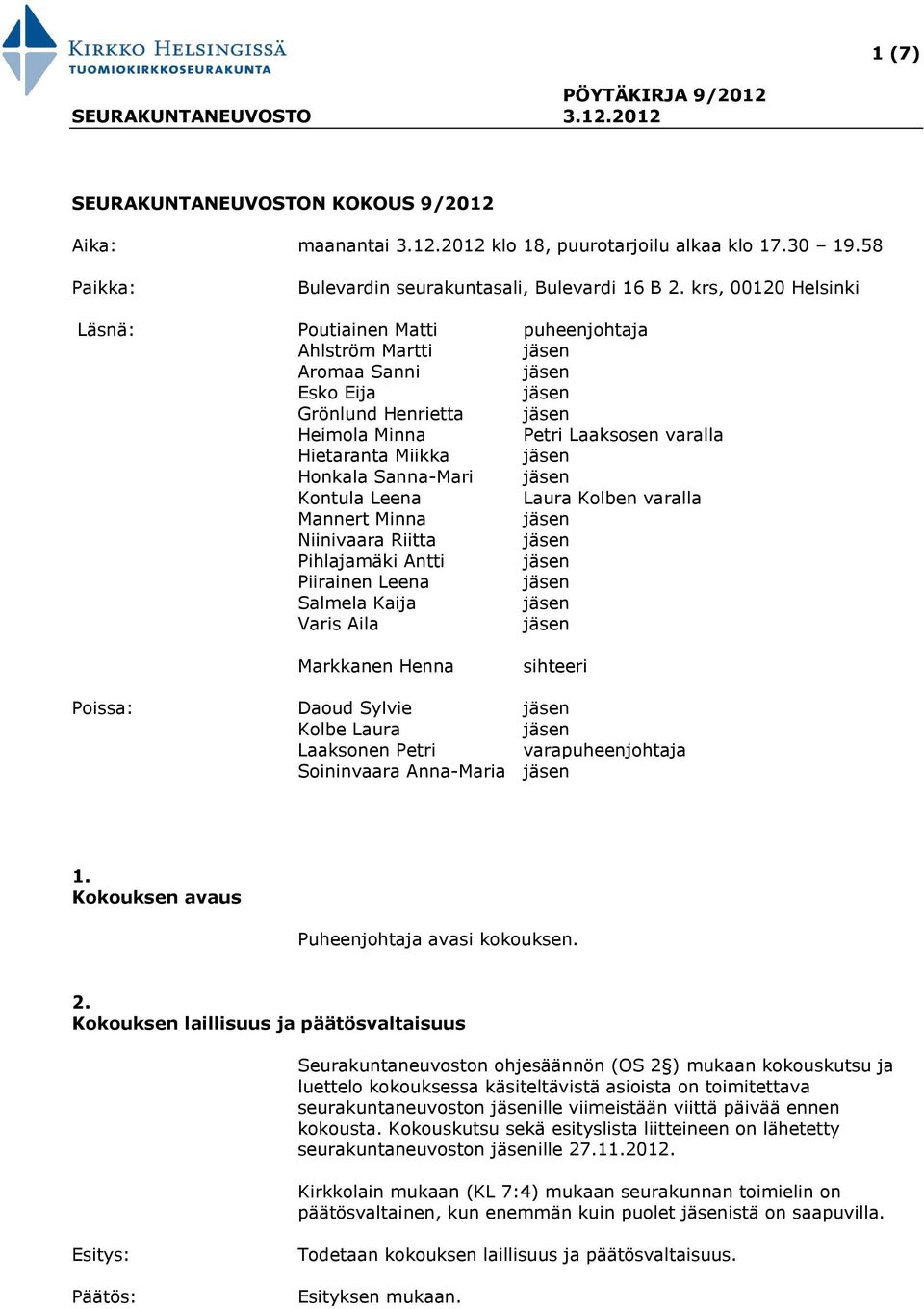 Leena Laura Kolben varalla Mannert Minna Niinivaara Riitta Pihlajamäki Antti Piirainen Leena Salmela Kaija Varis Aila Markkanen Henna sihteeri Poissa: Daoud Sylvie Kolbe Laura Laaksonen Petri
