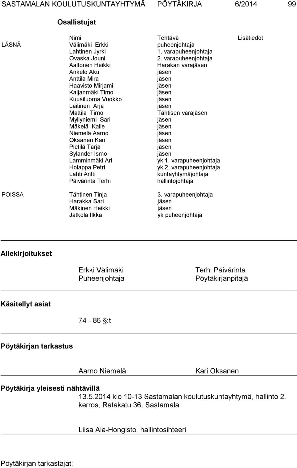 Aarno Oksanen Kari Pietilä Tarja Sylander Ismo Lamminmäki Ari yk 1. varapuheenjohtaja Holappa Petri yk 2.