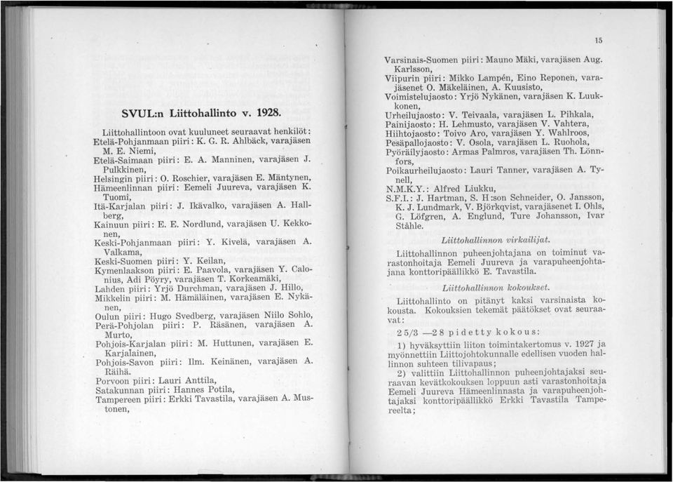 Kekkonen, Keski-Pohjanmaan piiri: Y. Kivelä, varajäsen A. Valkama, Keski-Suomen piiri: Y. Keilan, Kymenlaakson piiri: E. Paavola, varajäsen Y. Calonius, Adi Pöyry, varajäsen T.