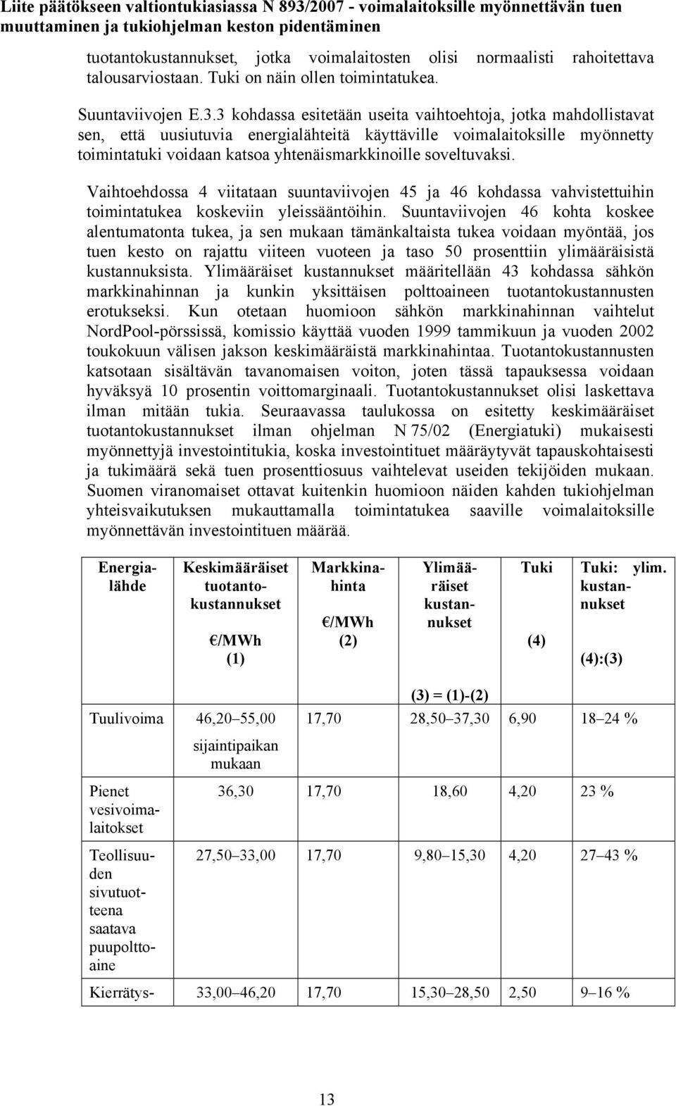 soveltuvaksi. Vaihtoehdossa 4 viitataan suuntaviivojen 45 ja 46 kohdassa vahvistettuihin toimintatukea koskeviin yleissääntöihin.