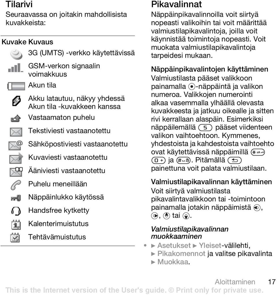 Kalenterimuistutus Tehtävämuistutus Pikavalinnat Näppäinpikavalinnoilla voit siirtyä nopeasti valikoihin tai voit määrittää valmiustilapikavalintoja, joilla voit käynnistää toimintoja nopeasti.