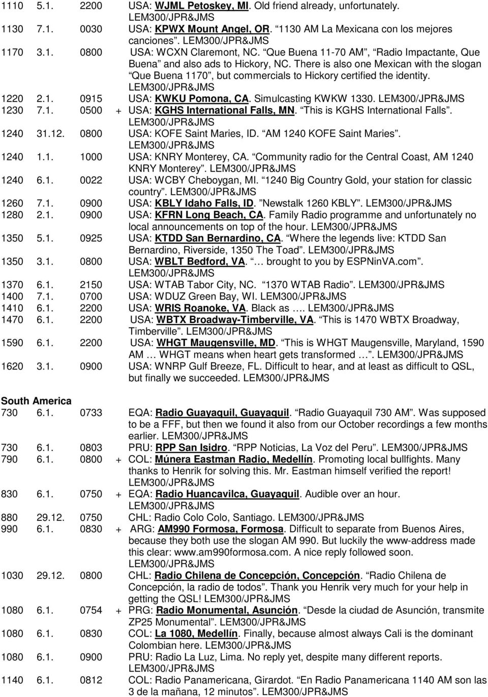 Simulcasting KWKW 1330. 1230 7.1. 0500 + USA: KGHS International Falls, MN. This is KGHS International Falls. 1240 31.12. 0800 USA: KOFE Saint Maries, ID. AM 1240 KOFE Saint Maries. 1240 1.1. 1000 USA: KNRY Monterey, CA.
