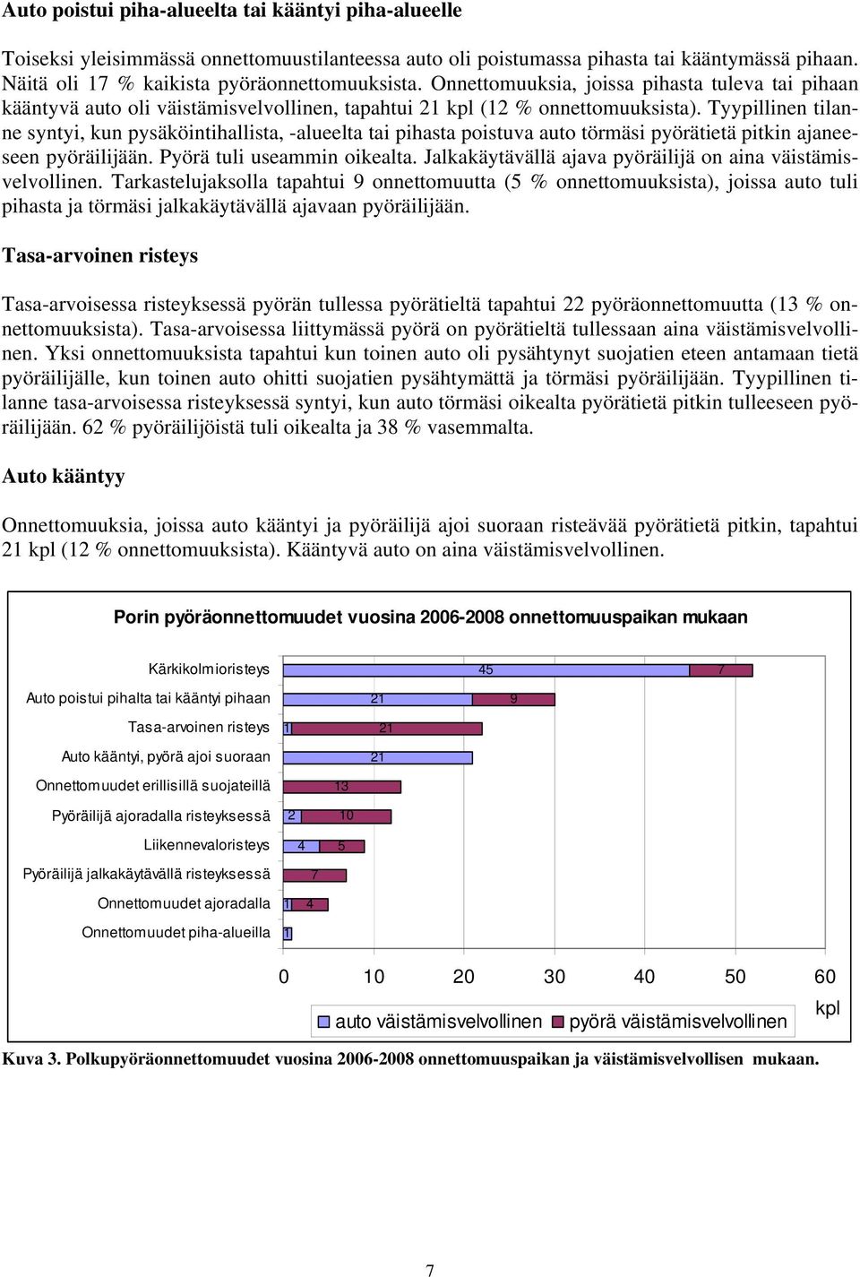 Tyypillinen tilanne syntyi, kun pysäköintihallista, -alueelta tai pihasta poistuva auto törmäsi pyörätietä pitkin ajaneeseen pyöräilijään. Pyörä tuli useammin oikealta.