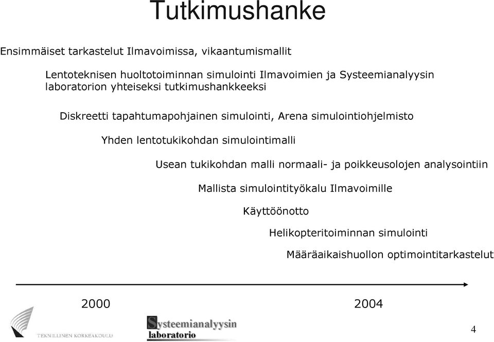 simulointiohjelmisto Yhden lentotukikohdan simulointimalli Usean tukikohdan malli normaali- ja poikkeusolojen analysointiin