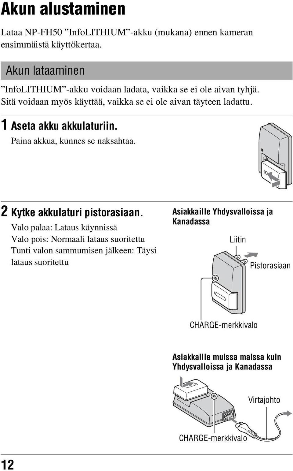 1 Aseta akku akkulaturiin. Paina akkua, kunnes se naksahtaa. 2 Kytke akkulaturi pistorasiaan.