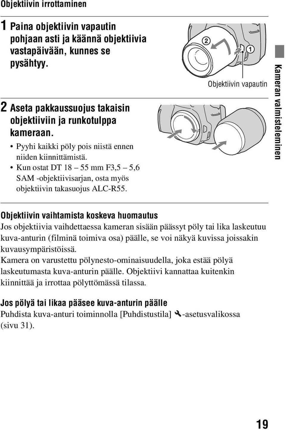 Objektiivin vapautin Kameran valmisteleminen Objektiivin vaihtamista koskeva huomautus Jos objektiivia vaihdettaessa kameran sisään päässyt pöly tai lika laskeutuu kuva-anturin (filminä toimiva osa)