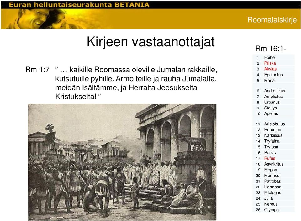 Rm 16:1-1 Foibe 2 Priska 3 Akylas 4 Epainetus 5 Maria 6 Andronikus 7 Ampliatus 8 Urbanus 9 Stakys 10 Apelles 11