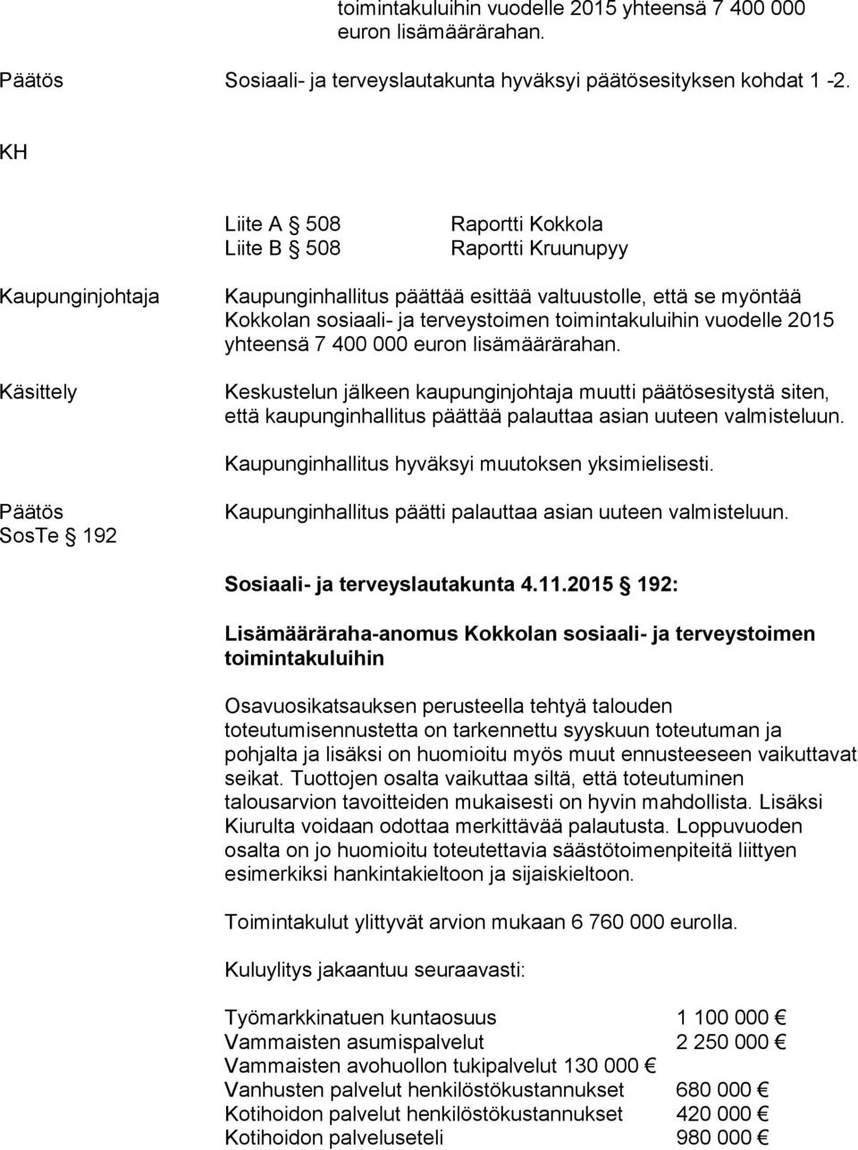 toimintakuluihin vuodelle 2015 yhteensä 7 400 000 euron lisämäärärahan.