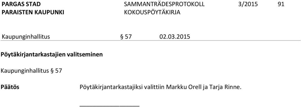 valitseminen Kaupunginhallitus 57