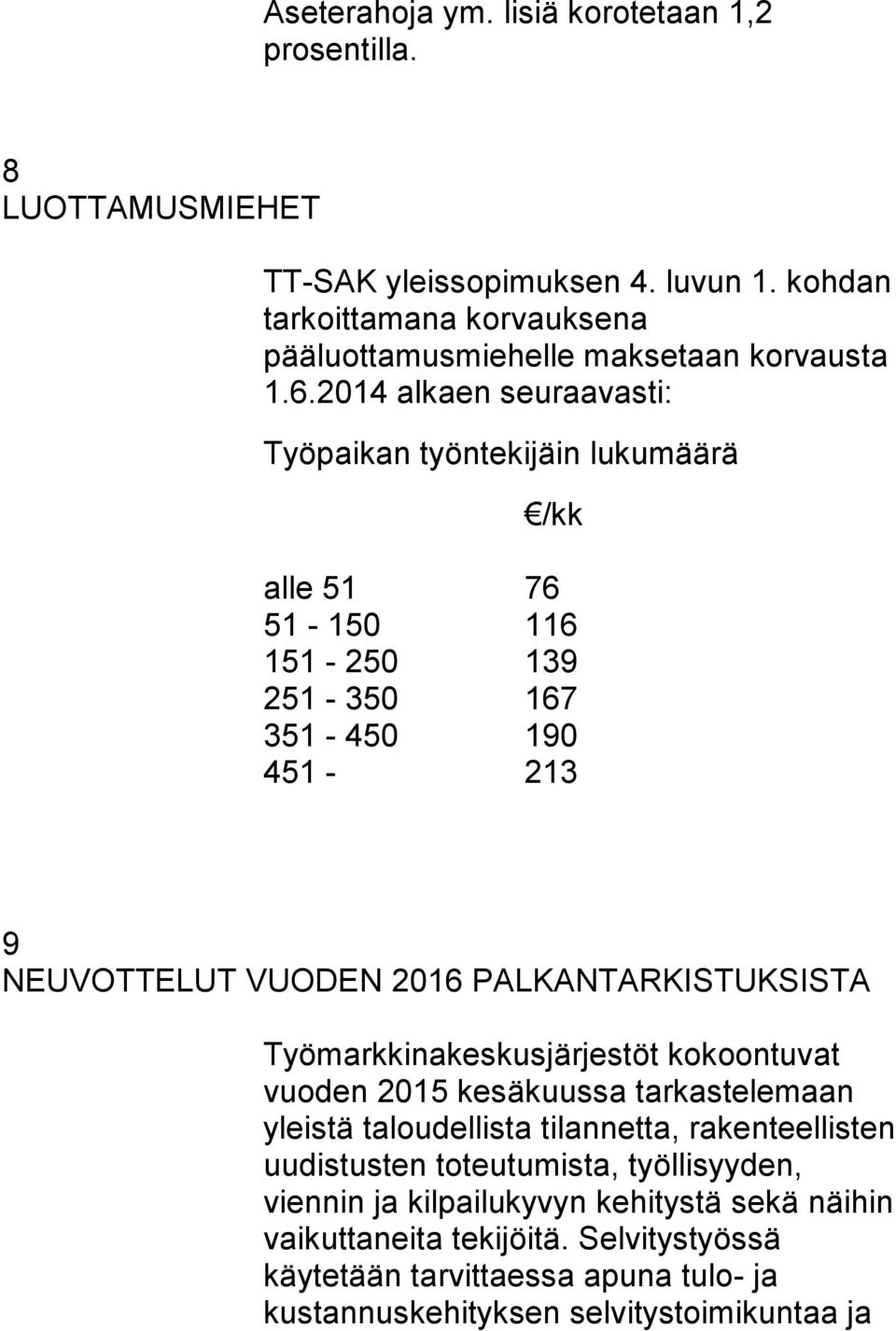 2014 alkaen seuraavasti: Työpaikan työntekijäin lukumäärä /kk alle 51 76 51-150 116 151-250 139 251-350 167 351-450 190 451-213 9 NEUVOTTELUT VUODEN 2016