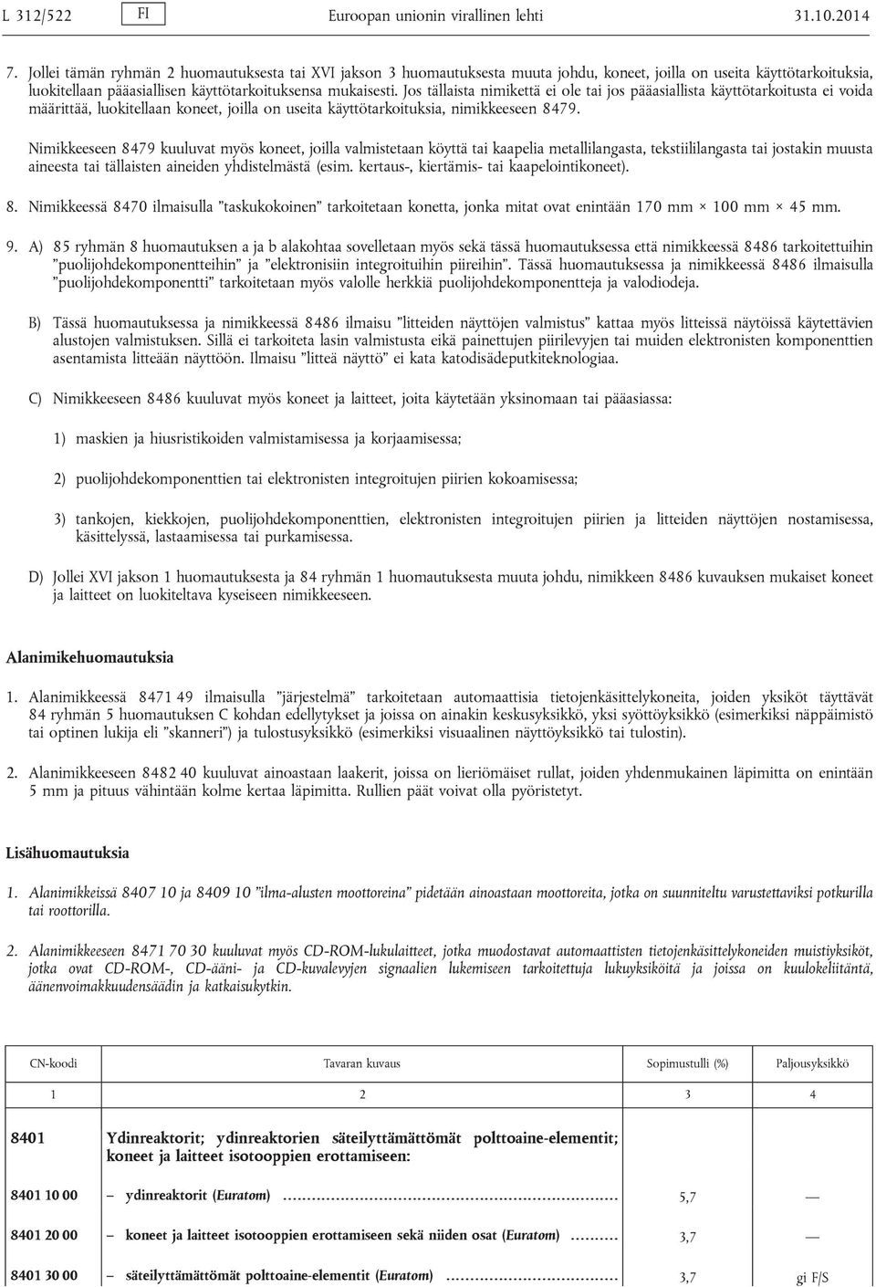 Jos tällaista nimikettä ei ole tai jos pääasiallista käyttötarkoitusta ei voida määrittää, luokitellaan koneet, joilla on useita käyttötarkoituksia, nimikkeeseen 8479.