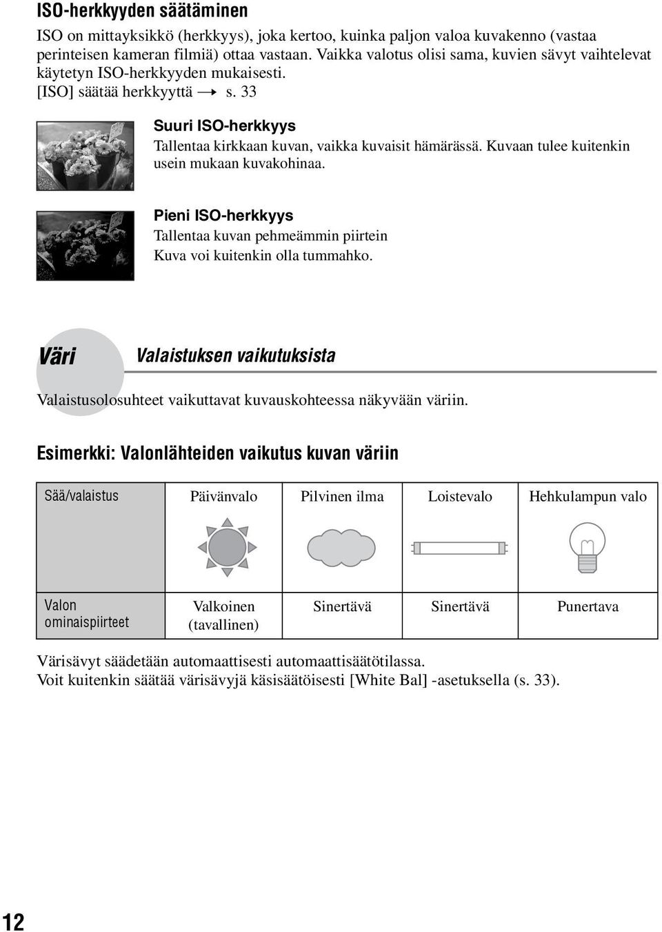 Kuvaan tulee kuitenkin usein mukaan kuvakohinaa. Pieni ISO-herkkyys Tallentaa kuvan pehmeämmin piirtein Kuva voi kuitenkin olla tummahko.