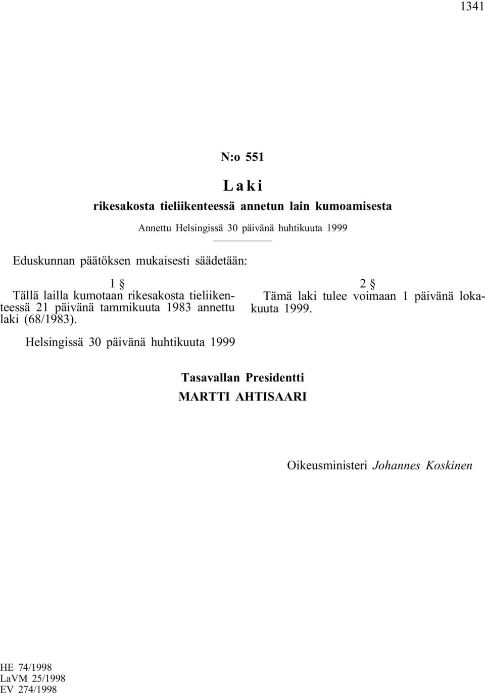 rikesakosta tieliikenteessä 21 päivänä tammikuuta 1983