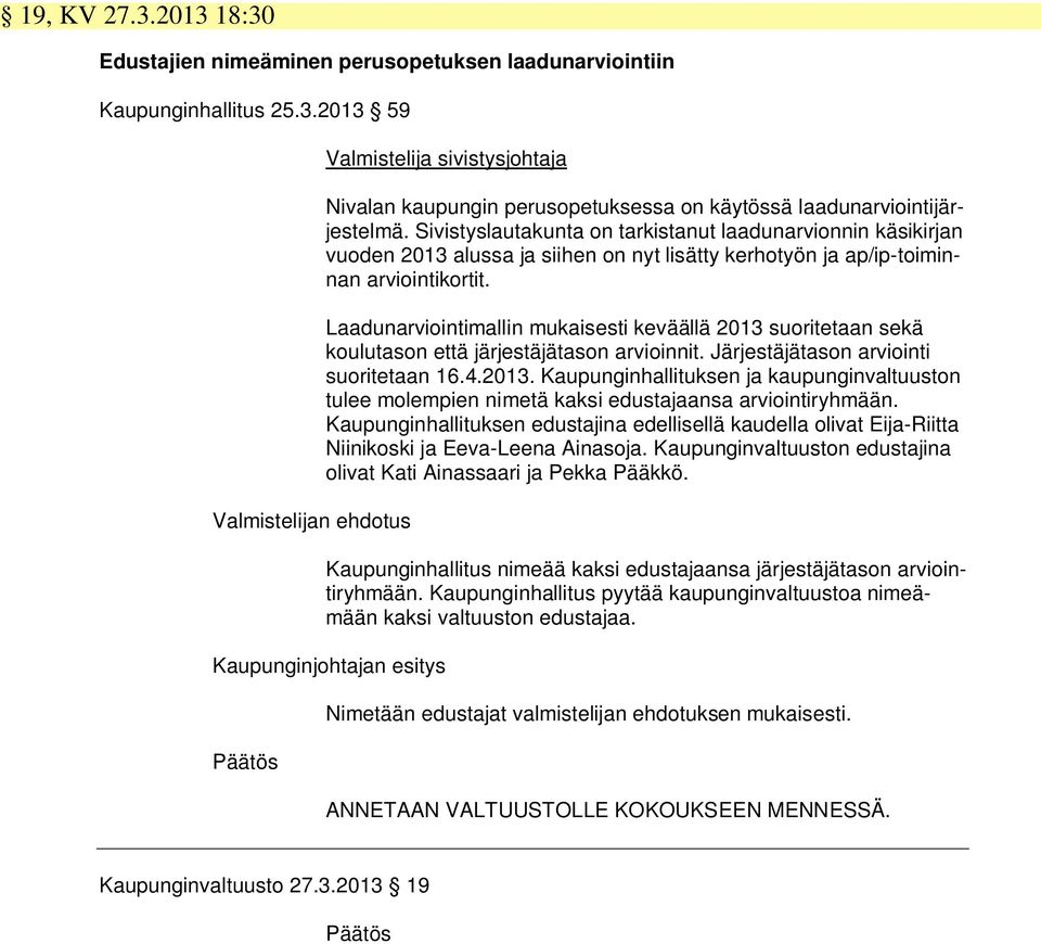 Laadunarviointimallin mukaisesti keväällä 2013 suoritetaan sekä koulutason että järjestäjätason arvioinnit. Järjestäjätason arviointi suoritetaan 16.4.2013. Kaupunginhallituksen ja kaupunginvaltuuston tulee molempien nimetä kaksi edustajaansa arviointiryhmään.