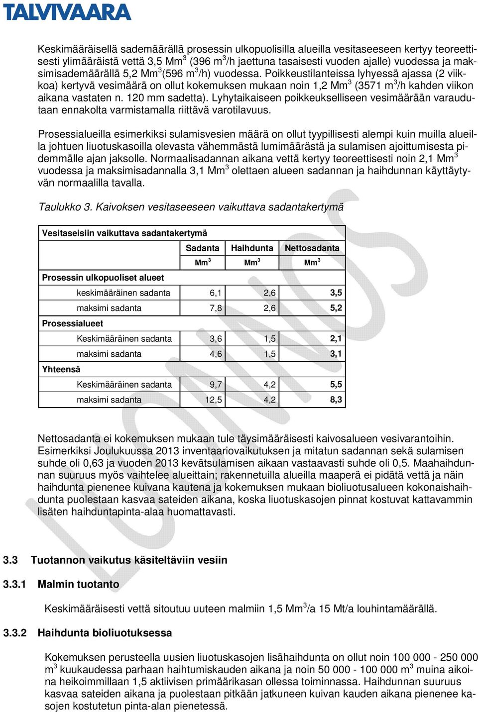 Poikkeustilanteissa lyhyessä ajassa (2 viikkoa) kertyvä vesimäärä on ollut kokemuksen mukaan noin 1,2 Mm 3 (3571 m 3 /h kahden viikon aikana vastaten n. 120 mm sadetta).