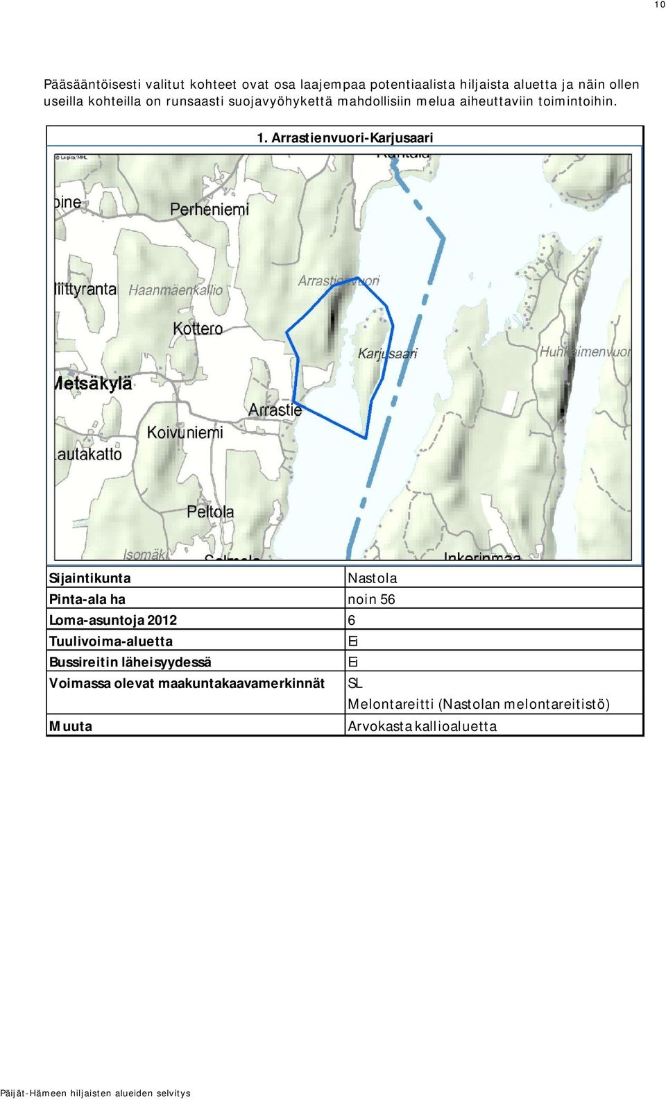 Arrastienvuori-Karjusaari Sijaintikunta Nastola Pinta-ala ha noin 56 Loma-asuntoja 2012 6 Tuulivoima-aluetta