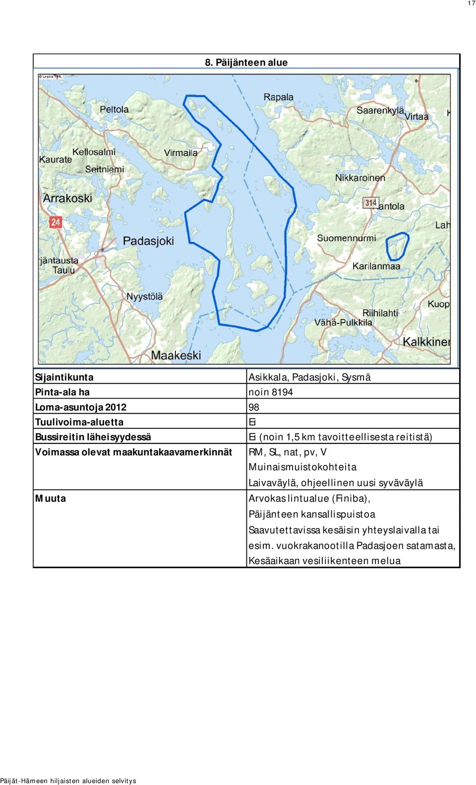 maakuntakaavamerkinnät RM, SL, nat, pv, V Muinaismuistokohteita Laivaväylä, ohjeellinen uusi syväväylä Muuta Arvokas