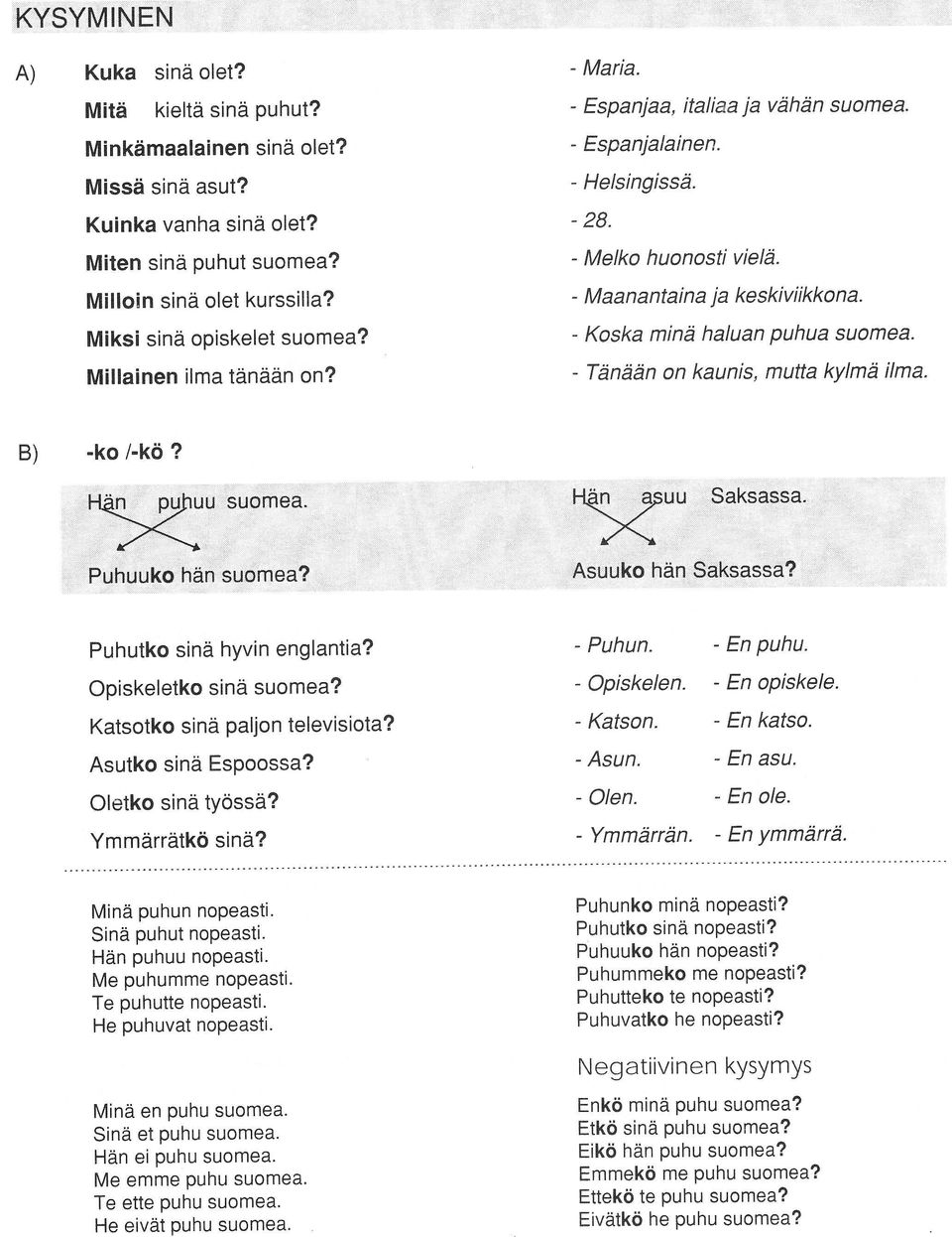 - Koska minä haluan puhua suomea. - Tänään on kaunis, mufta kylmä ilma. B) -ko /-kö?. {u suomea Puhuuko hän susmea? }{r" Asuuko hän Saksassa. $aksassa? Puhutko sinä hyvin englantia?