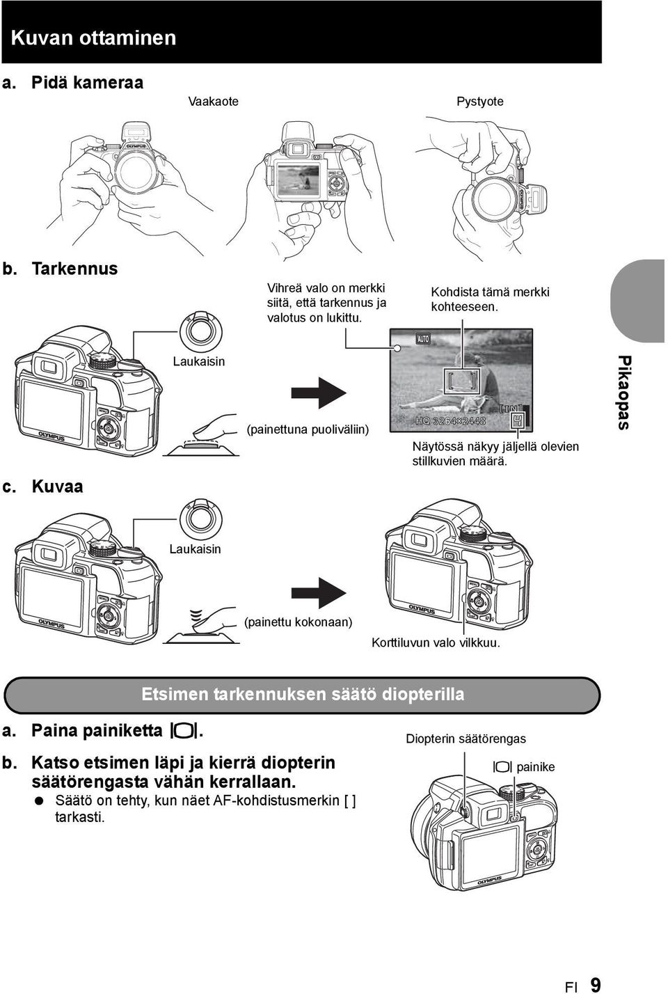 Pikaopas Laukaisin (painettu kokonaan) Korttiluvun valo vilkkuu. Etsimen tarkennuksen säätö diopterilla a. Paina painiketta u. b.