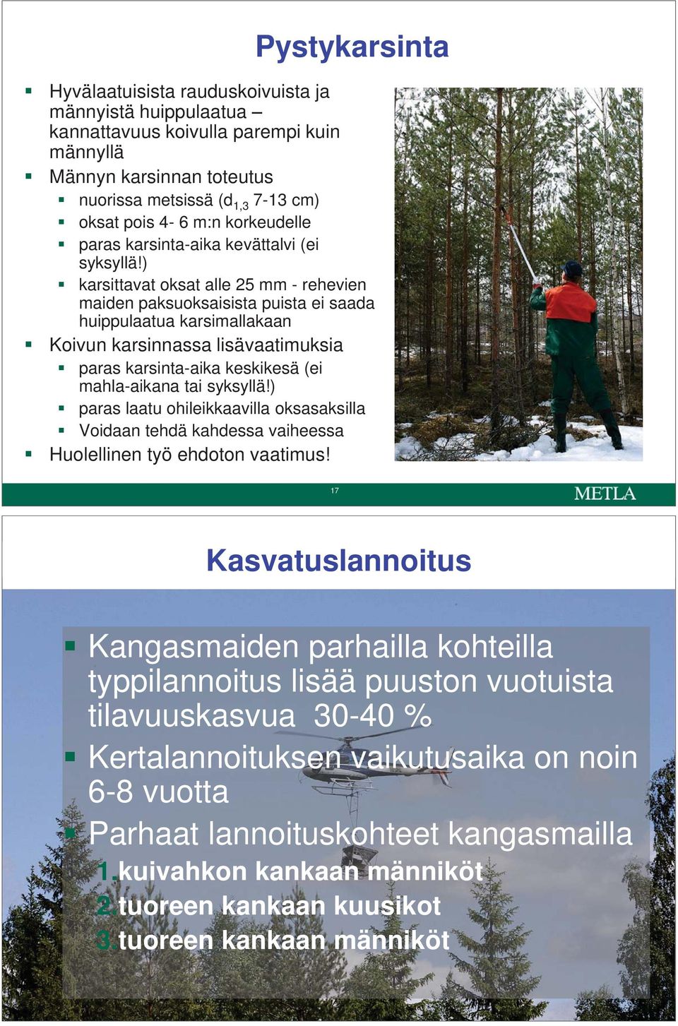 ) karsittavat oksat alle 25 mm - rehevien maiden paksuoksaisista puista ei saada huippulaatua karsimallakaan Koivun karsinnassa lisävaatimuksia paras karsinta-aika keskikesä (ei mahla-aikana tai