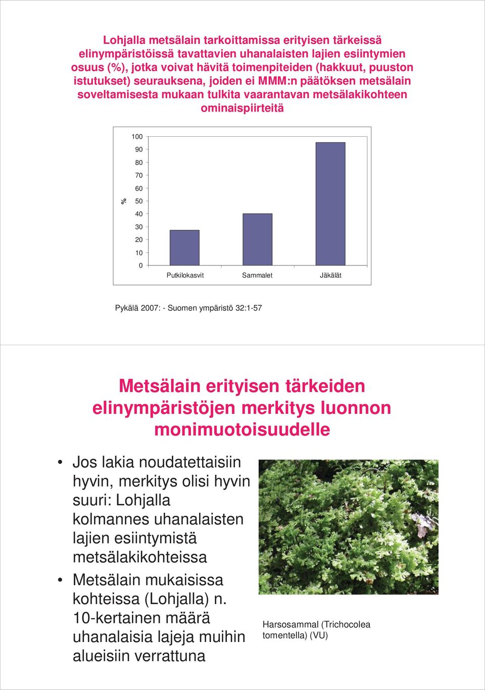 2007: - Suomen ympäristö 32:1-57 Metsälain erityisen tärkeiden elinympäristöjen merkitys luonnon monimuotoisuudelle Jos lakia noudatettaisiin hyvin, merkitys olisi hyvin suuri: Lohjalla kolmannes