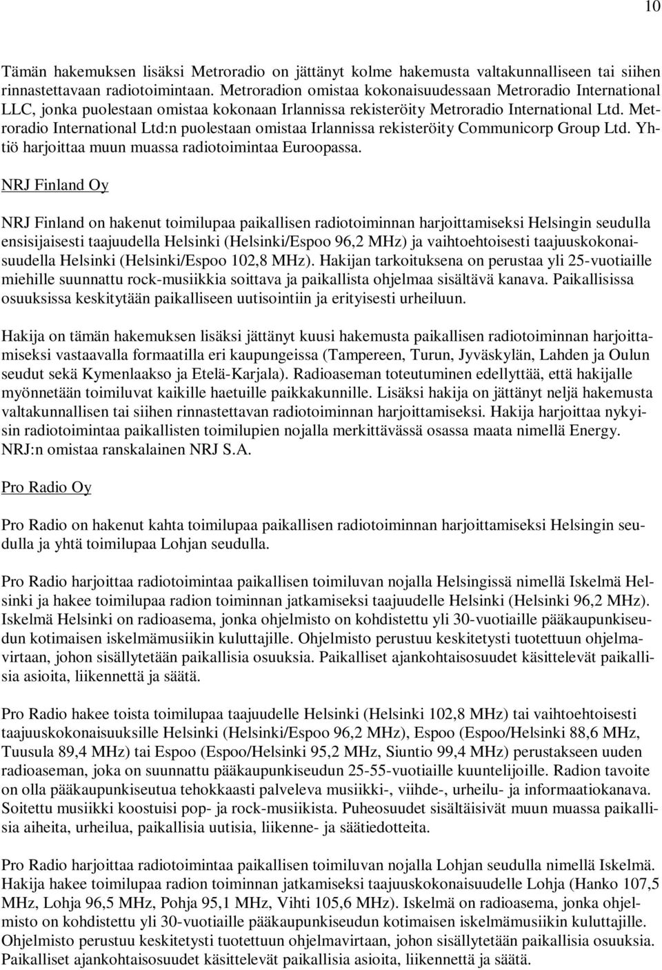 Metroradio International Ltd:n puolestaan omistaa Irlannissa rekisteröity Communicorp Group Ltd. Yhtiö harjoittaa muun muassa radiotoimintaa Euroopassa.