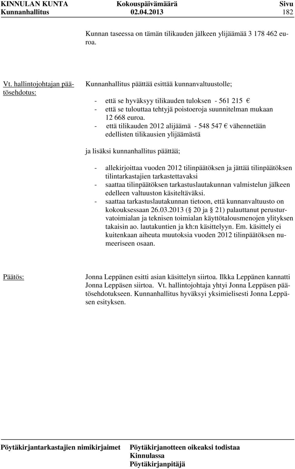 - että tilikauden 2012 alijäämä - 548 547 vähennetään edellisten tilikausien ylijäämästä ja lisäksi kunnanhallitus päättää; - allekirjoittaa vuoden 2012 tilinpäätöksen ja jättää tilinpäätöksen