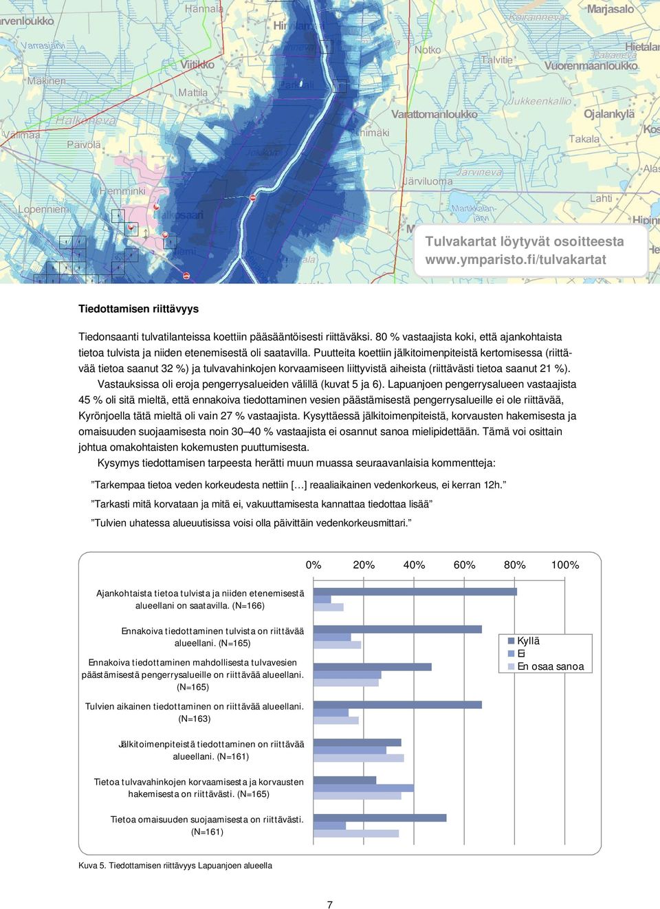Puutteita koettiin jälkitoimenpiteistä kertomisessa (riittävää tietoa saanut 32 %) ja tulvavahinkojen korvaamiseen liittyvistä aiheista (riittävästi tietoa saanut 21 %).