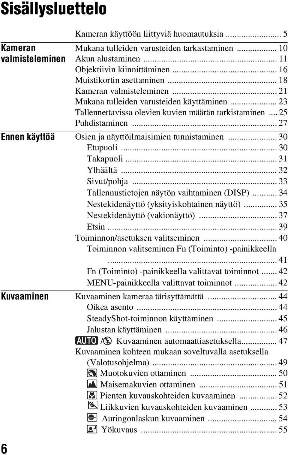 .. 27 Ennen käyttöä Osien ja näyttöilmaisimien tunnistaminen... 30 Etupuoli... 30 Takapuoli... 31 Ylhäältä... 32 Sivut/pohja... 33 Tallennustietojen näytön vaihtaminen (DISP).