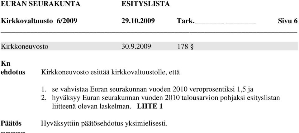 se vahvistaa Euran seurakunnan vuoden 2010 veroprosentiksi 1,5 ja 2.