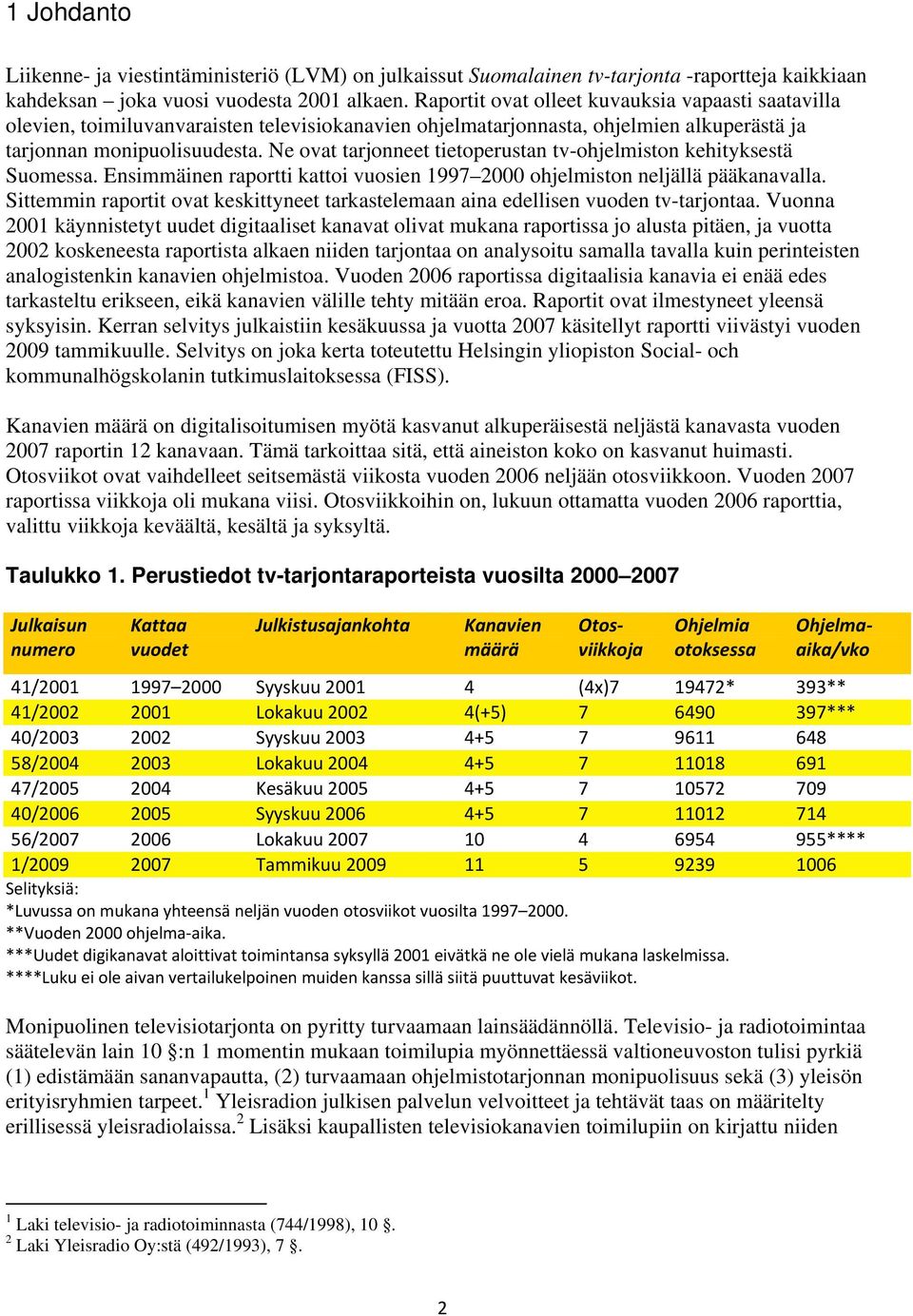 Ne ovat tarjonneet tietoperustan tv-ohjelmiston kehityksestä Suomessa. Ensimmäinen raportti kattoi vuosien 1997 2000 ohjelmiston neljällä pääkanavalla.