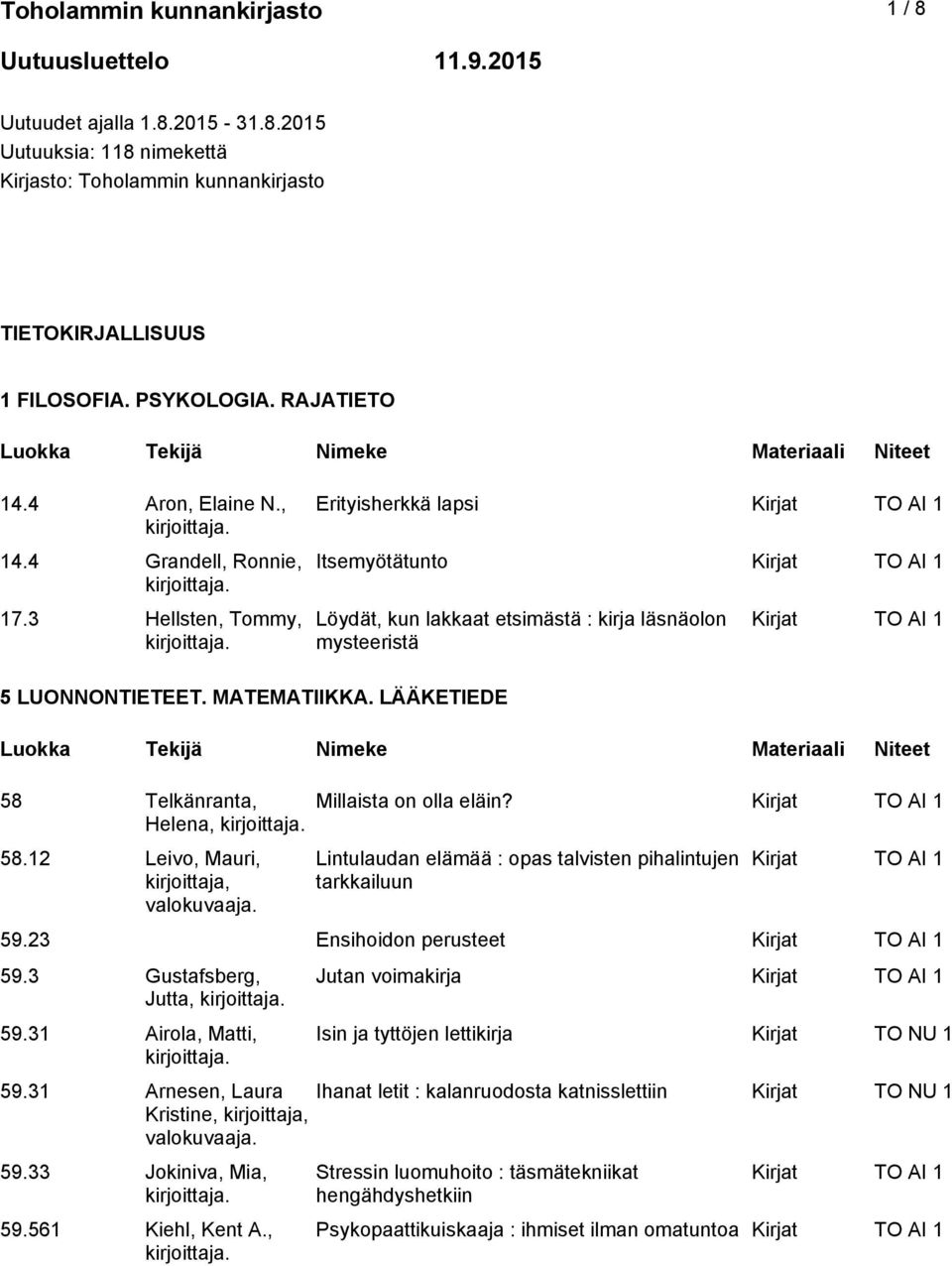 MATEMATIIKKA. LÄÄKETIEDE 58 Telkänranta, Helena, 58.12 Leivo, Mauri, kirjoittaja, valokuvaaja. Millaista on olla eläin? Lintulaudan elämää : opas talvisten pihalintujen tarkkailuun 59.