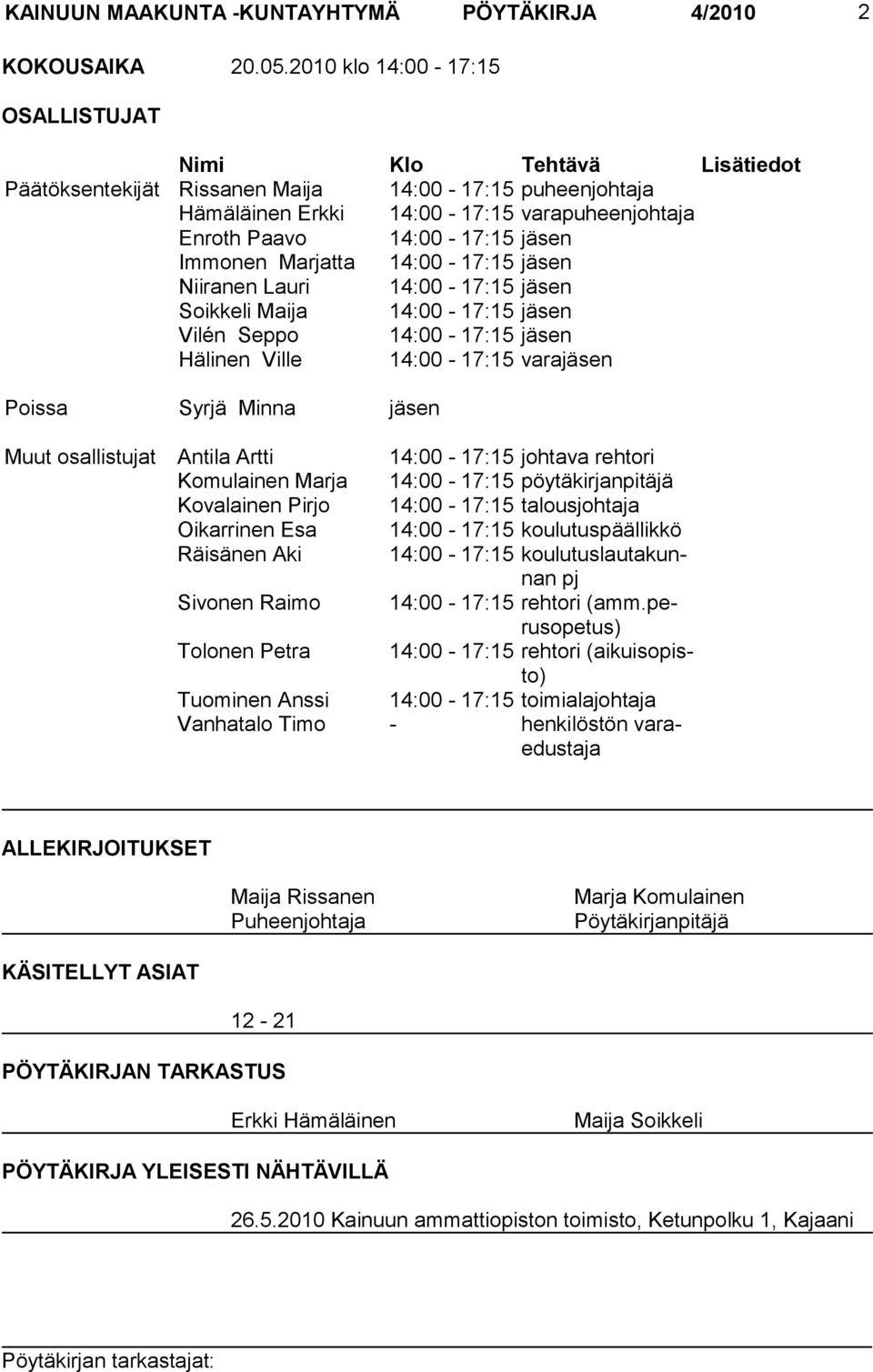 Immonen Marjatta 14:00-17:15 jäsen Niiranen Lauri 14:00-17:15 jäsen Soikkeli Maija 14:00-17:15 jäsen Vilén Seppo 14:00-17:15 jäsen Hälinen Ville 14:00-17:15 varajäsen Poissa Syrjä Minna jäsen Muut