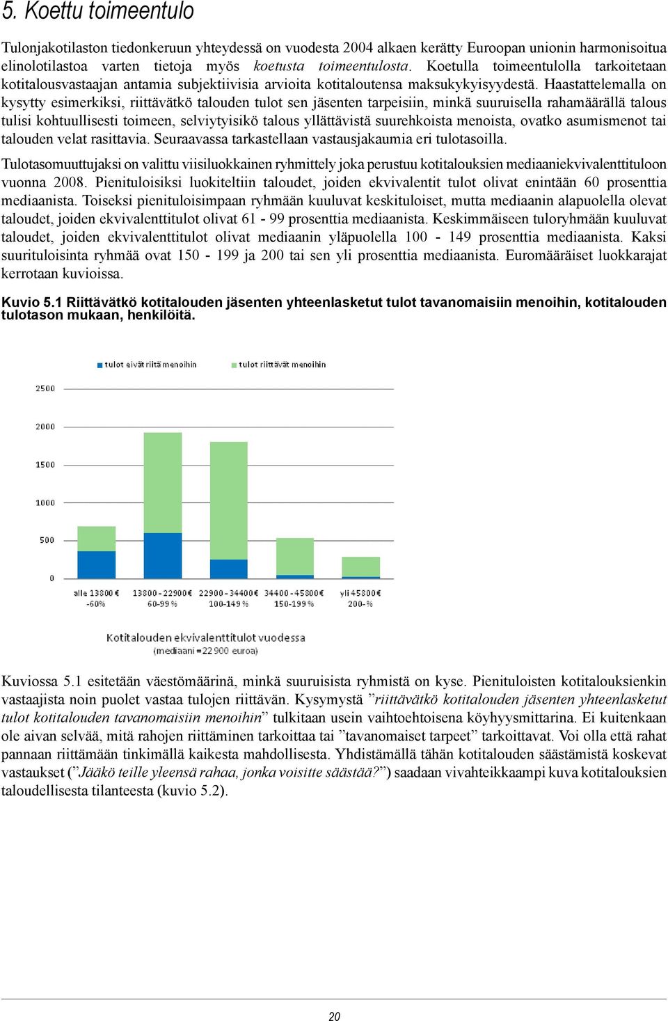 Haastattelemalla on kysytty esimerkiksi, riittävätkö talouden tulot sen jäsenten tarpeisiin, minkä suuruisella rahamäärällä talous tulisi kohtuullisesti toimeen, selviytyisikö talous yllättävistä